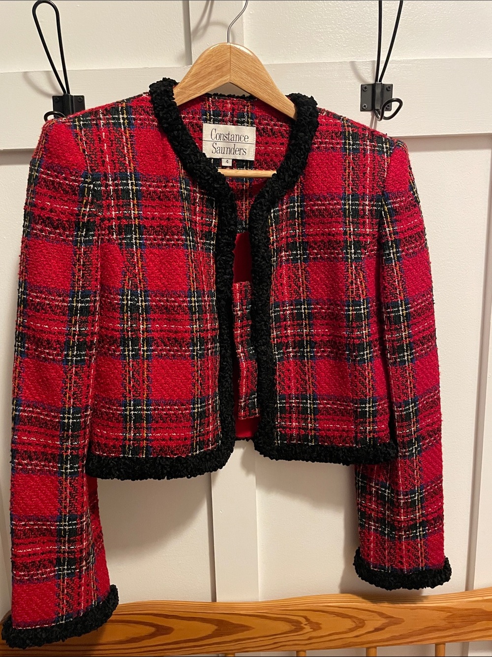 Constance Saunders Red Plaid Tweed Jacket with Black Trim